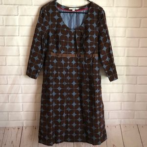 Boden Brown Blue Printed Corduroy Midi Dress